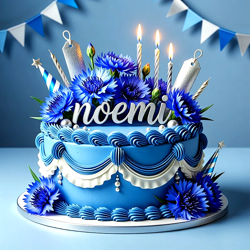 Tarta de cumpleaños azul con flores de centaura, velas encendidas y el nombre Noemi en letras blancas sobre fondo festivo.