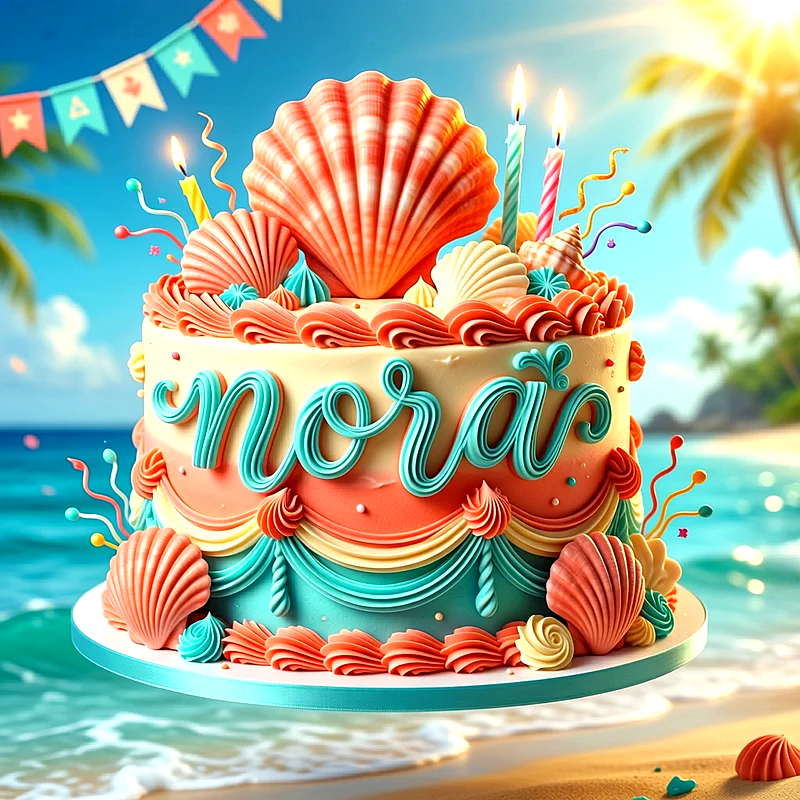 Tarta de cumpleaños estilo playa con conchas marinas, crema turquesa y coral, velas encendidas y el nombre Nora escrito en el centro.
