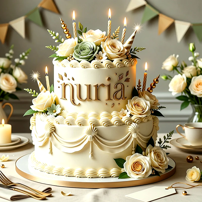 Tarta de cumpleaños de dos pisos en color crema decorada con rosas blancas y verdes, velas encendidas y el nombre Nuria escrito en letras doradas al frente.