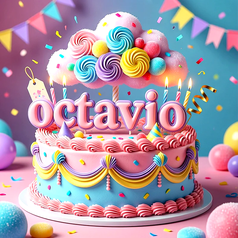 Tarta de cumpleaños colorida y festiva para Octavio, con una nube de dulces arriba, velas encendidas, y el nombre Octavio escrito en letras grandes y claras al frente.
