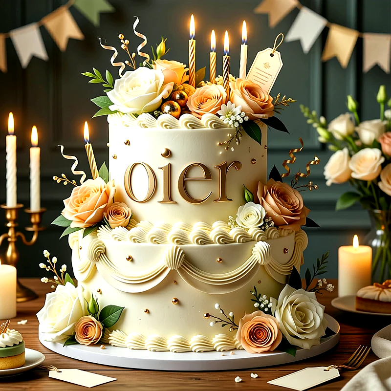 Tarta de cumpleaños blanca de dos pisos con flores de color crema y velas encendidas, con el nombre Oier en letras doradas.