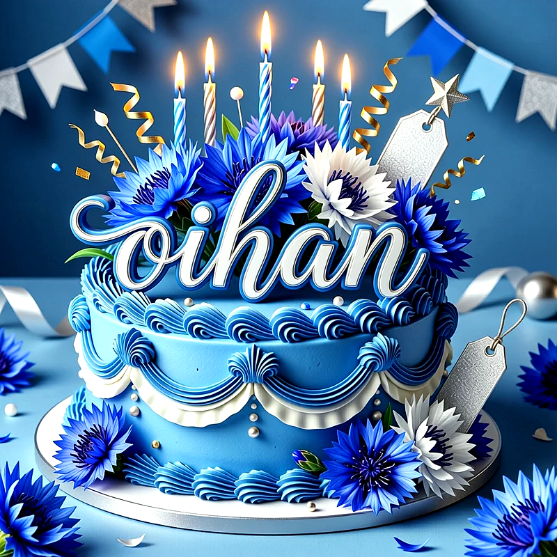 Tarta de cumpleaños azul decorada con grandes flores azules y blancas, velas encendidas y el nombre Oihan escrito en letras grandes al frente.