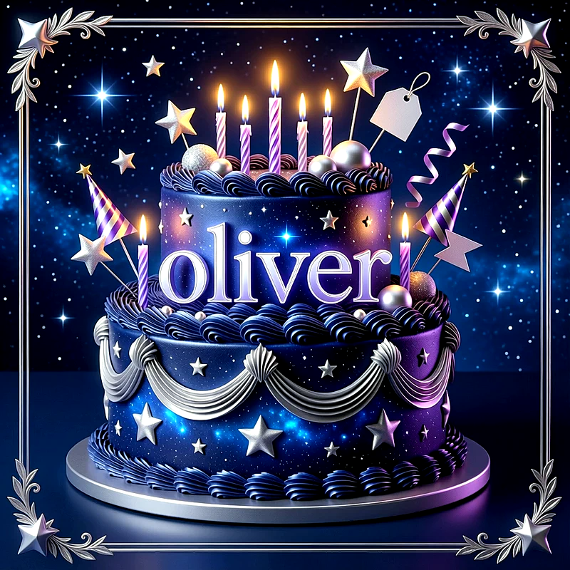 Tarta de cumpleaños de dos pisos azul oscuro con estrellas plateadas, velas encendidas y el nombre Oliver escrito al frente en letras claras.