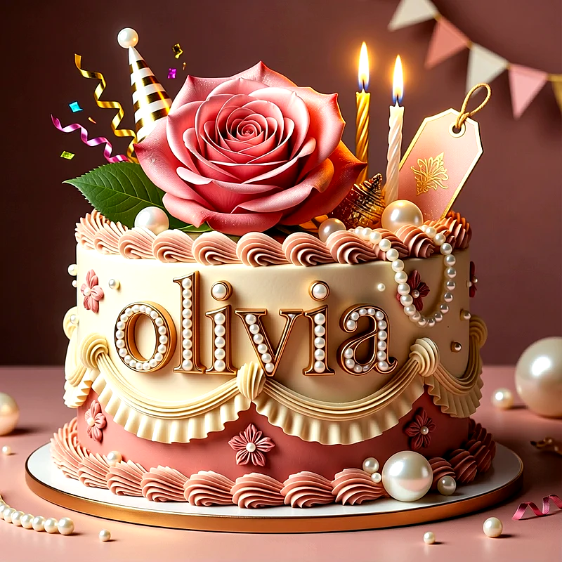 Tarta de cumpleaños elegante en tonos beige y rosa con una gran rosa en la parte superior, perlas blancas y el nombre Olivia escrito en letras doradas.