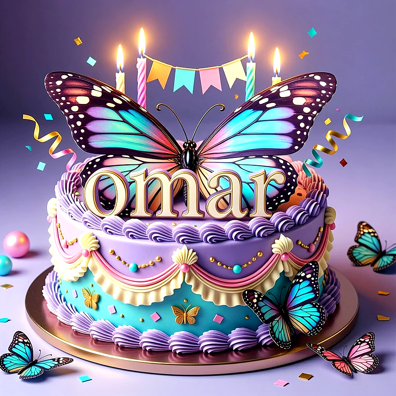 Tarta de cumpleaños lila y azul decorada con mariposas grandes, velas encendidas, guirnalda y el nombre Omar escrito en letras doradas al frente.