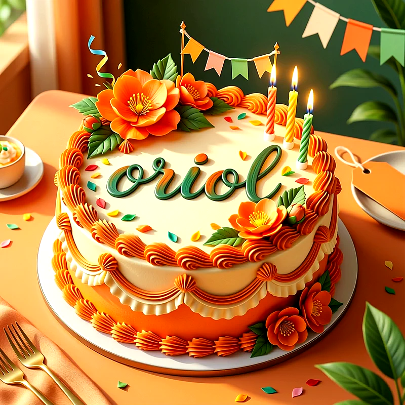 Tarta de cumpleaños decorada con flores naranjas y hojas verdes, con tres velas encendidas y el nombre Oriol escrito en el centro en letras verdes.