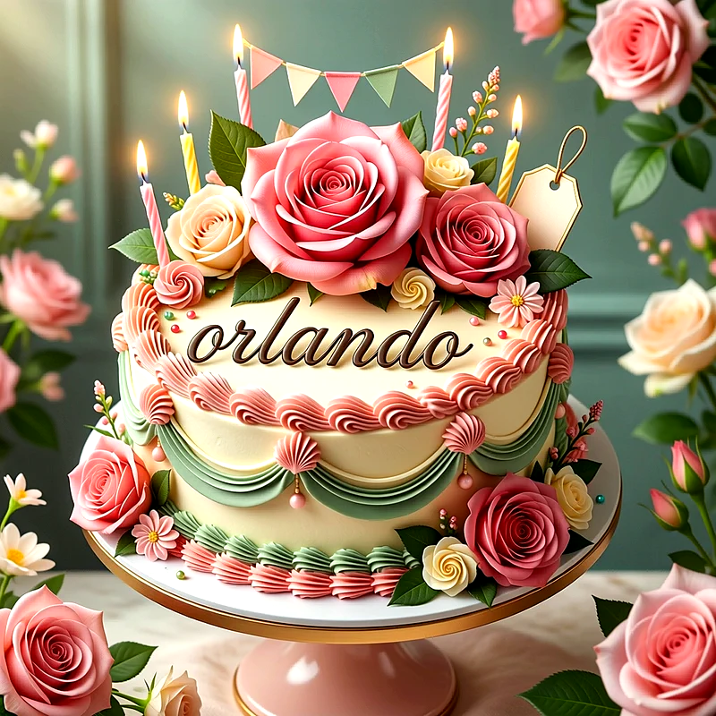 Tarta de cumpleaños decorada con grandes rosas de color rosa, guirnaldas, velas encendidas y el nombre Orlando escrito al frente.