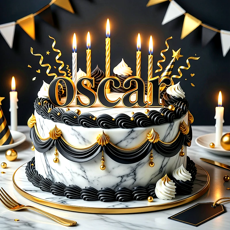 Tarta de cumpleaños blanca con efecto mármol, detalles negros y dorados, velas encendidas y el nombre Oscar al frente.