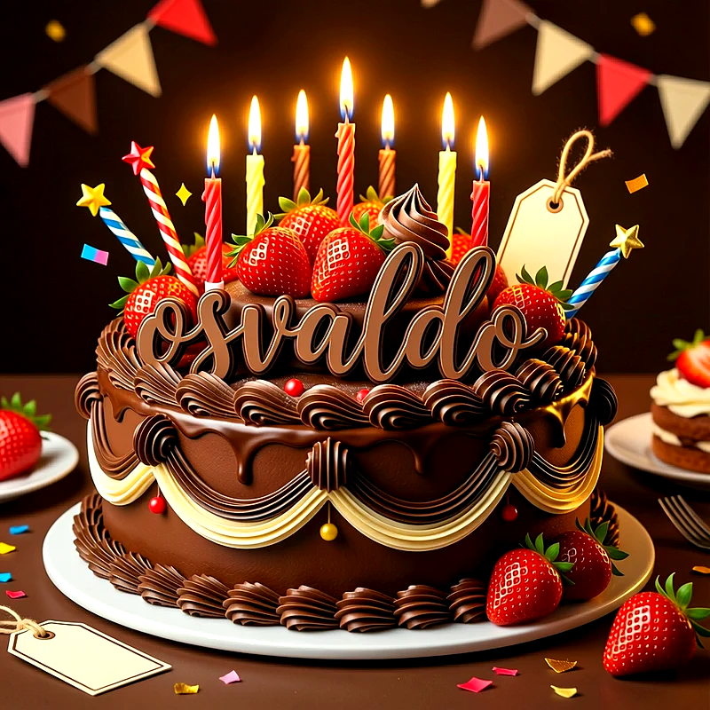 Tarta de cumpleaños de chocolate decorada con fresas frescas, velas encendidas y el nombre Osvaldo destacado al frente.