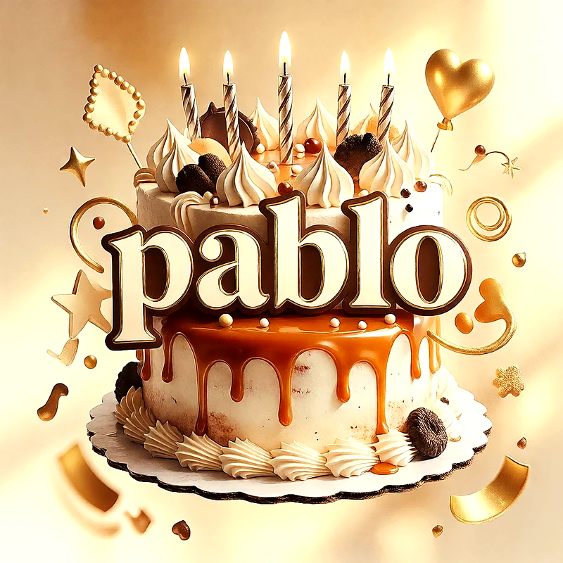 Tarta de cumpleaños de dos pisos decorada en color beige y dorado con caramelo, velas encendidas y el nombre Pablo al frente.