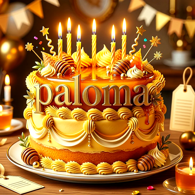 Tarta de cumpleaños dorada y amarilla con velas encendidas, merengue y adornos de caramelo con el nombre Paloma escrito al frente.