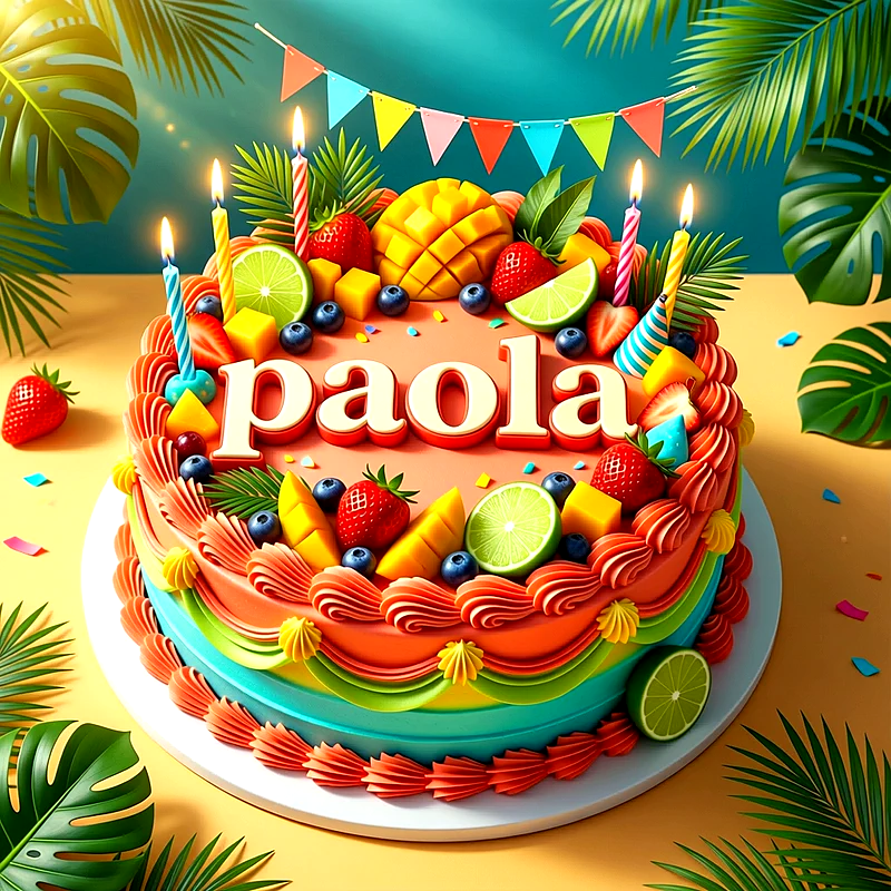 Tarta de cumpleaños tropical decorada con frutas como fresas, limas y mango, velas encendidas y el nombre Paola escrito en letras blancas.