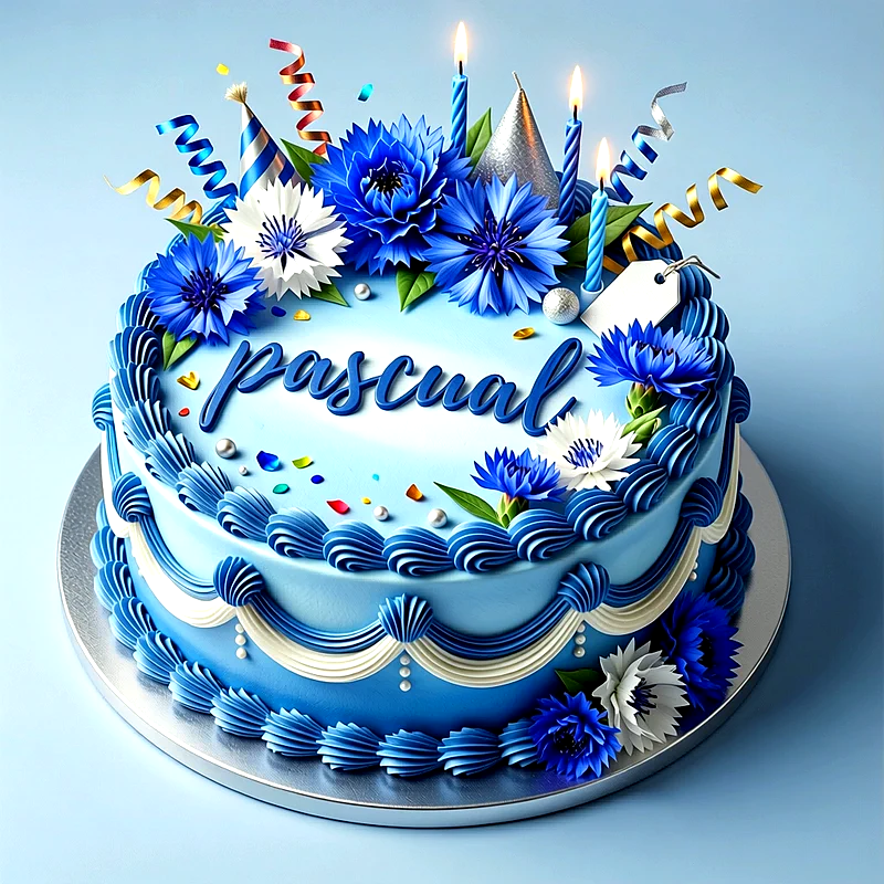 Tarta de cumpleaños de color azul decorada con flores azules y blancas, velas encendidas y el nombre Pascual escrito al centro.