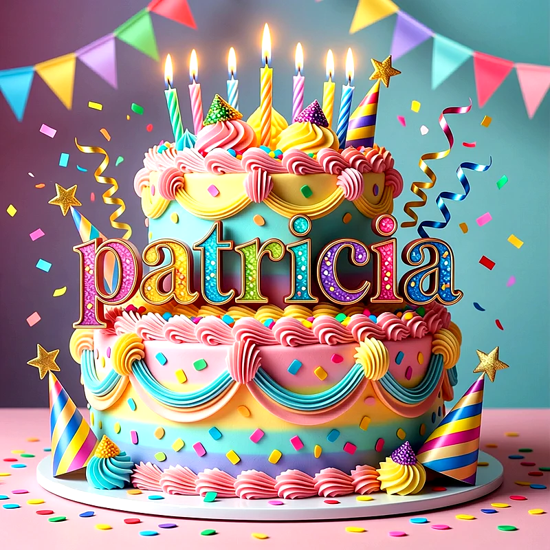 Tarta de dos pisos multicolor con velas encendidas, confeti y adornos festivos con el nombre Patricia escrito en letras grandes al frente.