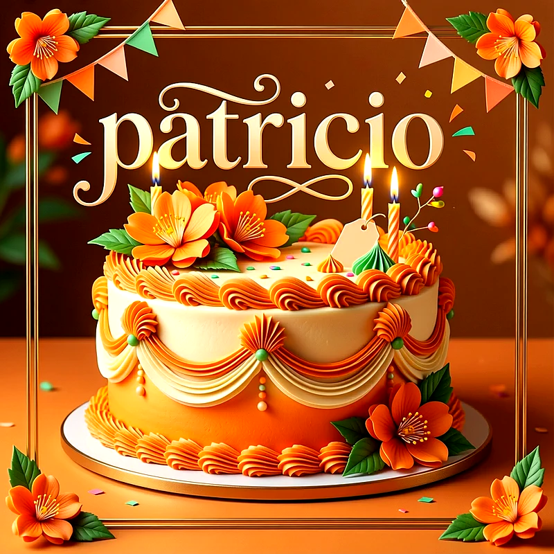 Tarta de cumpleaños elegante decorada en tonos naranjas y crema, con flores, velas encendidas y el nombre Patricio escrito arriba en letras doradas.