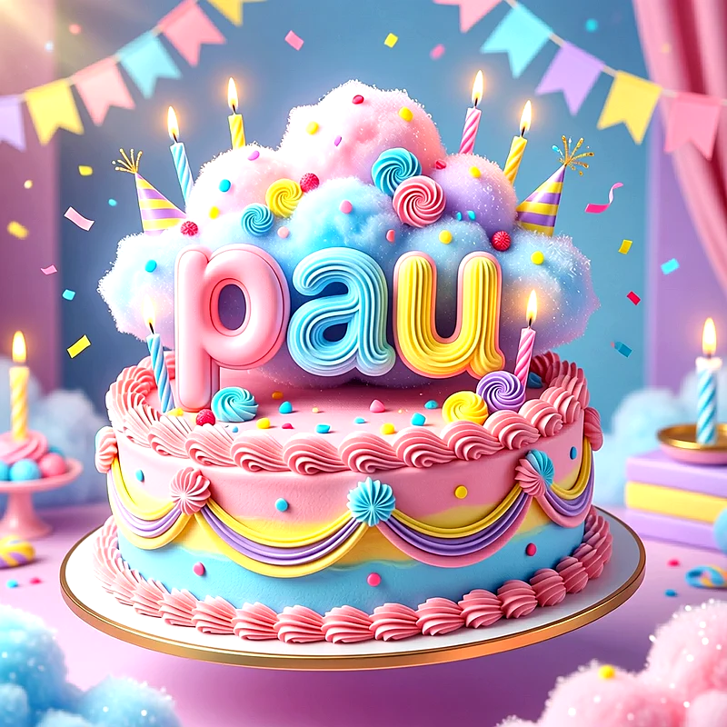 Tarta de cumpleaños infantil de tonos pastel con velas encendidas, dulces, nubes y el nombre Pau en letras grandes de colores.