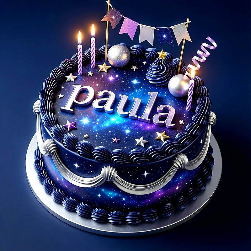 Tarta de cumpleaños de color azul y lila con estrellas, velas encendidas, banderines y el nombre Paula escrito en letras plateadas al centro.