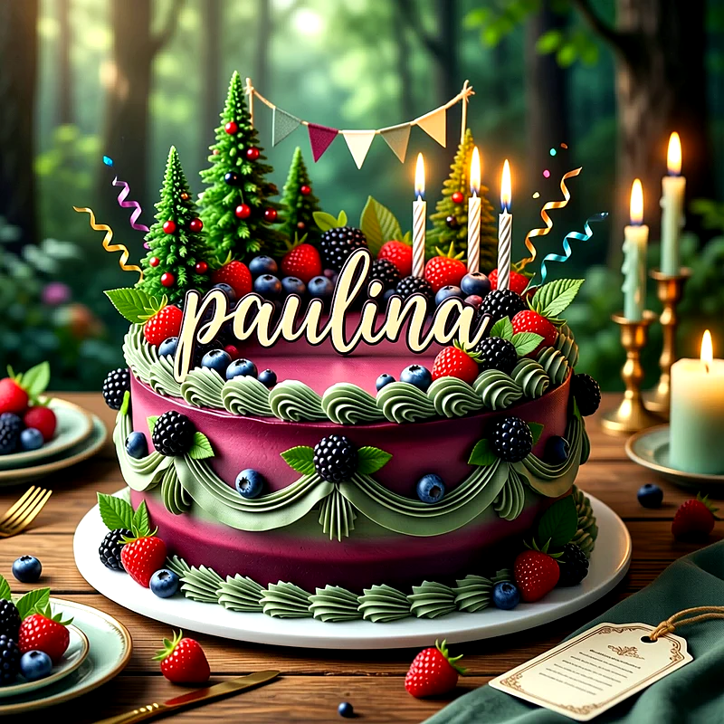 Tarta de cumpleaños de color morado decorada con fresas, moras y pequeños pinos, con el nombre Paulina escrito en letras blancas.