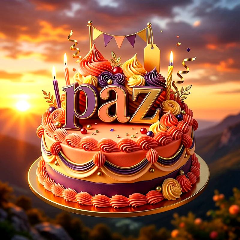 Tarta de cumpleaños decorada en tonos naranja y morado con velas encendidas, guirnaldas y el nombre Paz escrito en el centro.