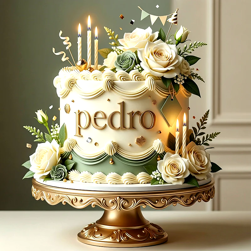 Tarta de cumpleaños blanca y verde decorada con rosas de crema, velas encendidas, detalles dorados y el nombre Pedro escrito en letras de oro.