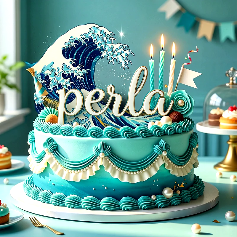 Tarta de cumpleaños de color azul y turquesa decorada con una gran ola, perlas blancas, velas encendidas y el nombre Perla escrito en el centro.