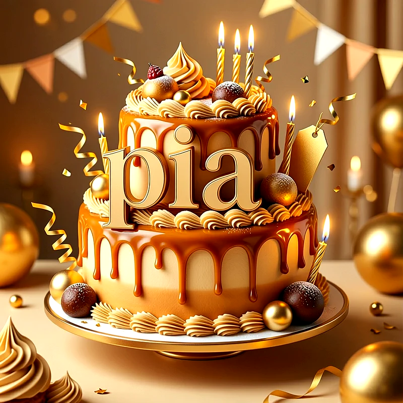 Tarta de cumpleaños dorada de dos pisos con goteo de caramelo, bolas de chocolate y velas encendidas, con el nombre Pia escrito en letras doradas.