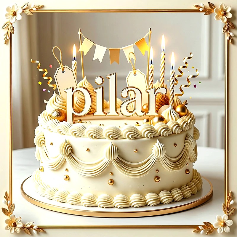 Tarta de cumpleaños elegante de color blanco y dorado con velas encendidas, perlas y el nombre Pilar escrito en letras grandes decorativas.