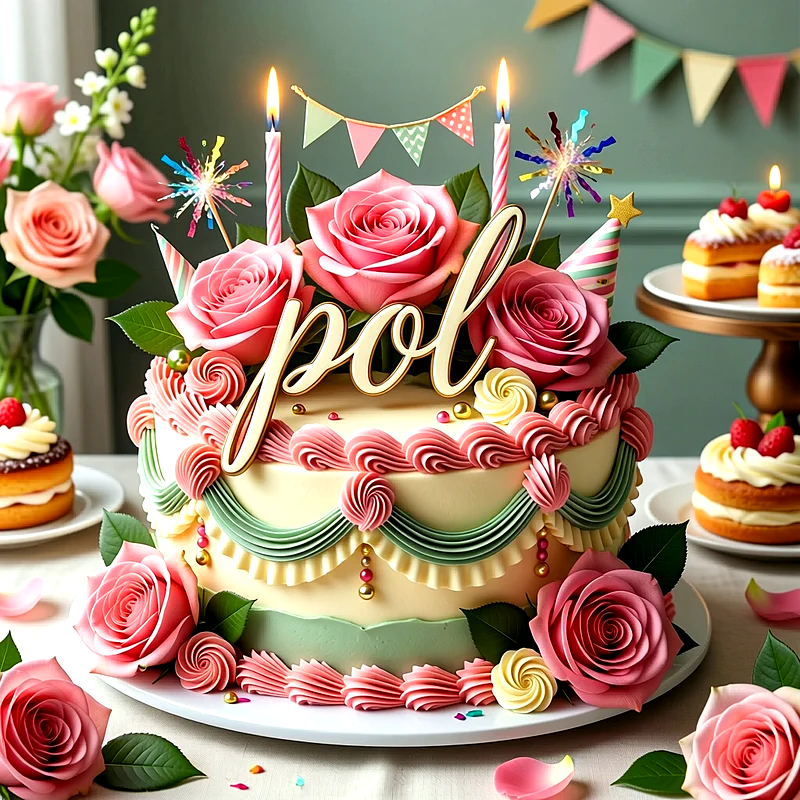 Tarta de cumpleaños decorada con crema pastel, rosas de color rosa y velas encendidas, con el nombre Pol en letras doradas al centro.
