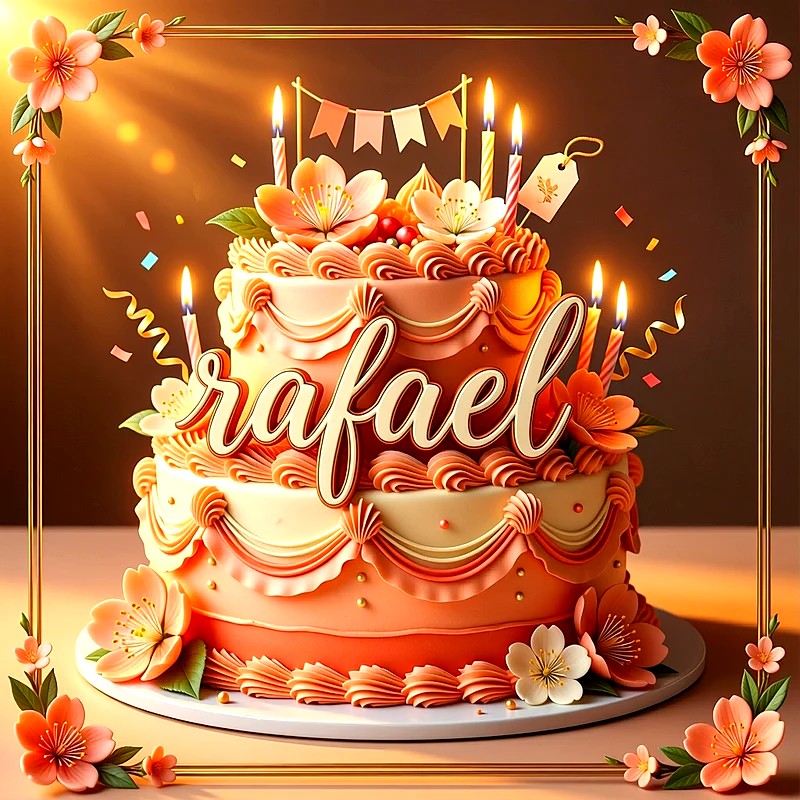 Tarta de dos pisos en tonos naranja y crema decorada con flores color melocotón, velas encendidas y el nombre Rafael escrito en el centro.