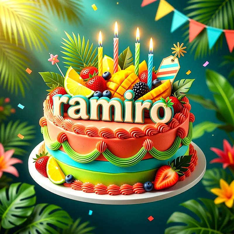 Tarta de cumpleaños multicolor decorada con fresas, frutas y velas encendidas, con el nombre Ramiro al frente.
