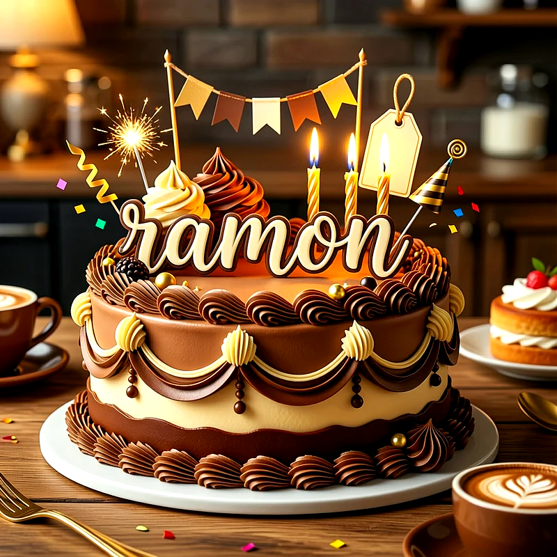 Tarta de cumpleaños de chocolate decorada con velas encendidas, banderines y el nombre Ramon escrito en la parte superior sobre un plato blanco.