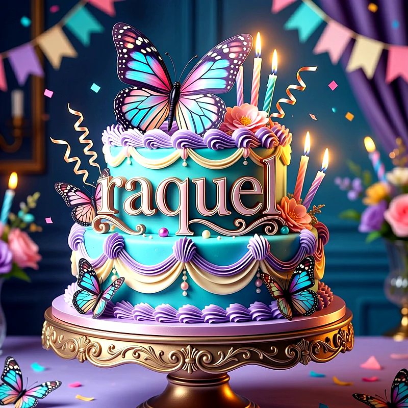 Tarta de dos pisos de color azul y lila decorada con mariposas de colores y flores, con el nombre Raquel escrito al frente.