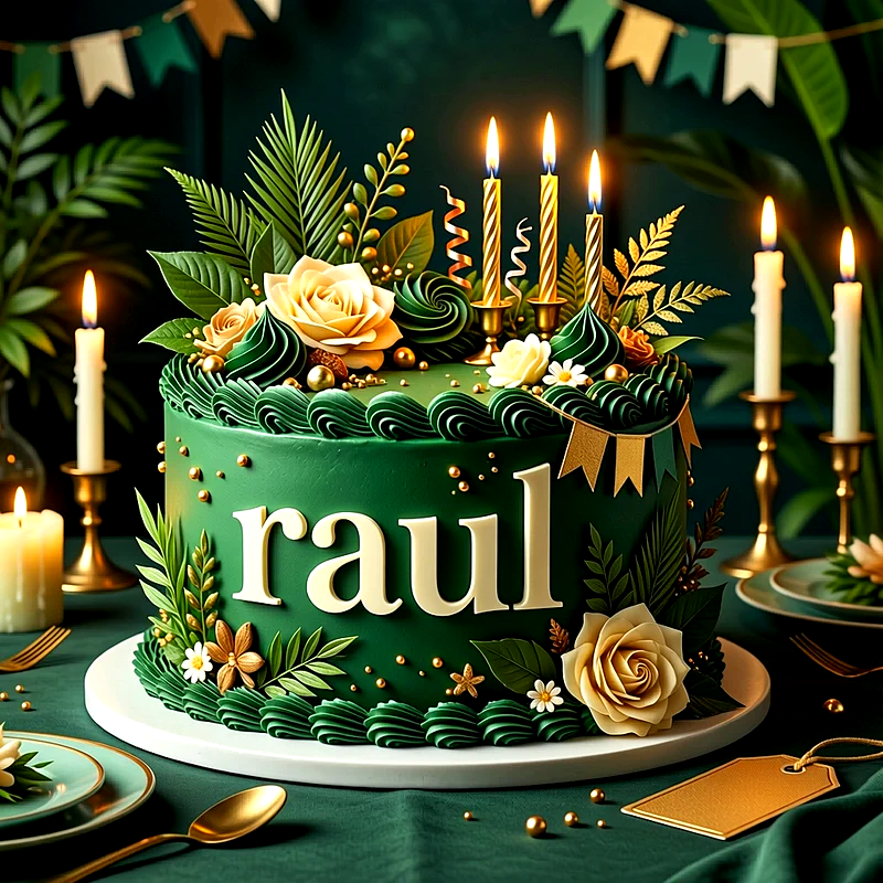 Tarta de cumpleaños de color verde oscuro decorada con rosas doradas, hojas verdes, velas encendidas y el nombre Raul escrito en el centro.
