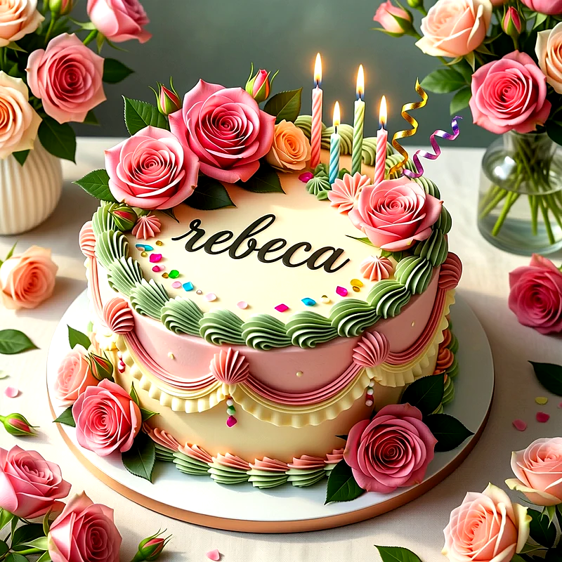 Tarta de cumpleaños decorada con rosas rosadas y velas encendidas, con el nombre Rebeca escrito en la parte superior sobre una cubierta de color crema suave y elegante.