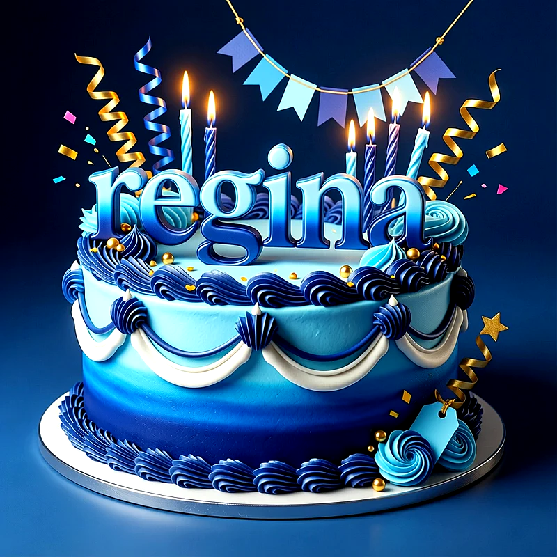 Tarta de cumpleaños de color azul intenso decorada con espirales de crema, velas encendidas, cintas doradas y el nombre Regina escrito en letras grandes y azules encima.