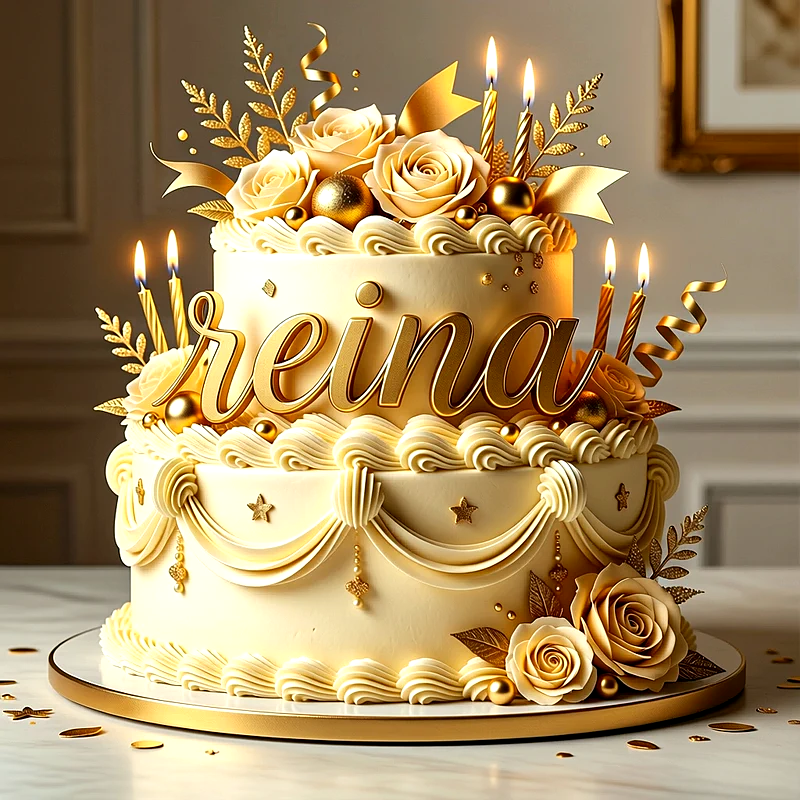 Tarta de cumpleaños de dos pisos en color crema con decoraciones doradas, rosas, velas encendidas y el nombre Reina escrito en el centro con letras elegantes.