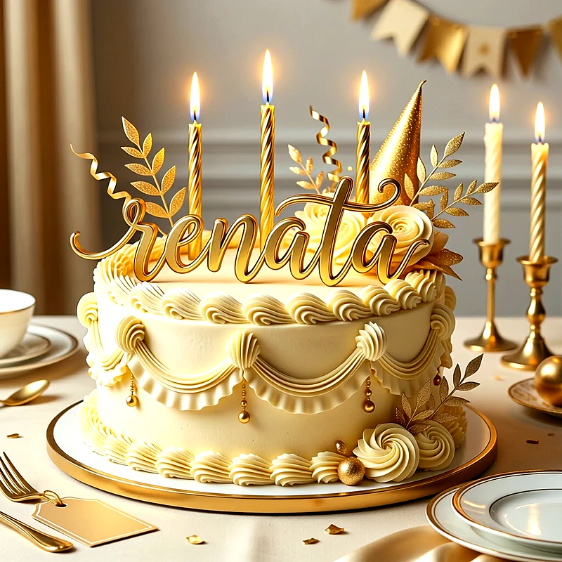 Tarta de cumpleaños de dos pisos de color crema con decoración dorada, rosas, hojas y velas encendidas, con el nombre Renata escrito en letras doradas.
