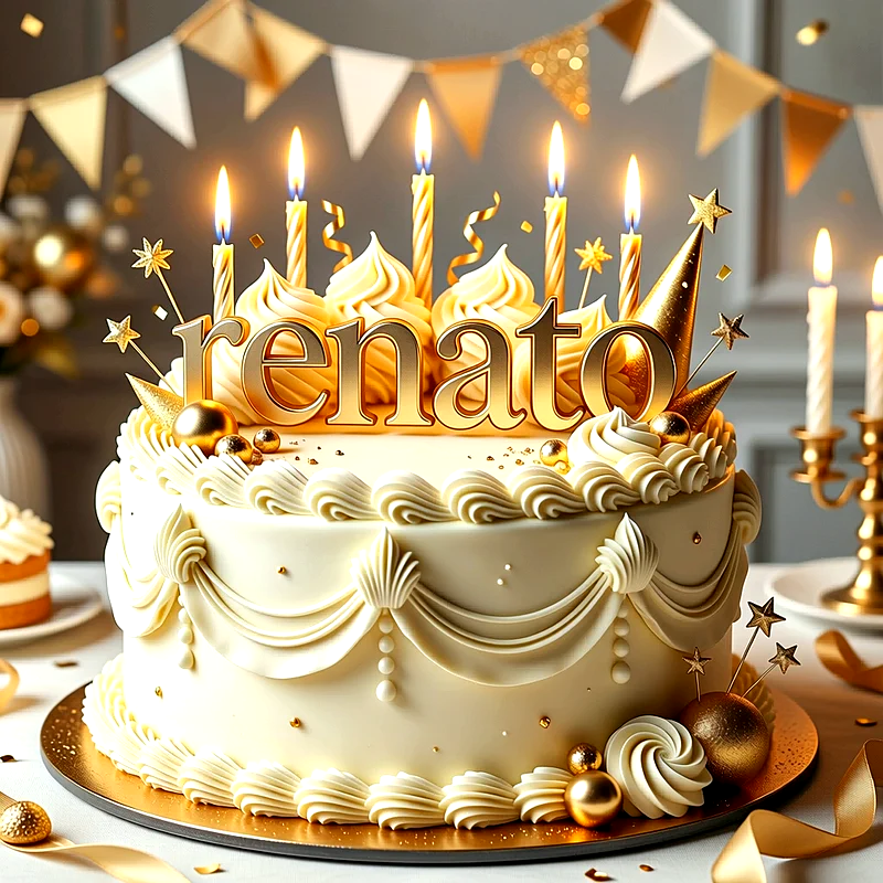 Tarta de cumpleaños blanca y elegante decorada con velas doradas, estrellas brillantes y esferas de oro, con el nombre Renato escrito en letras doradas sobre la superficie.