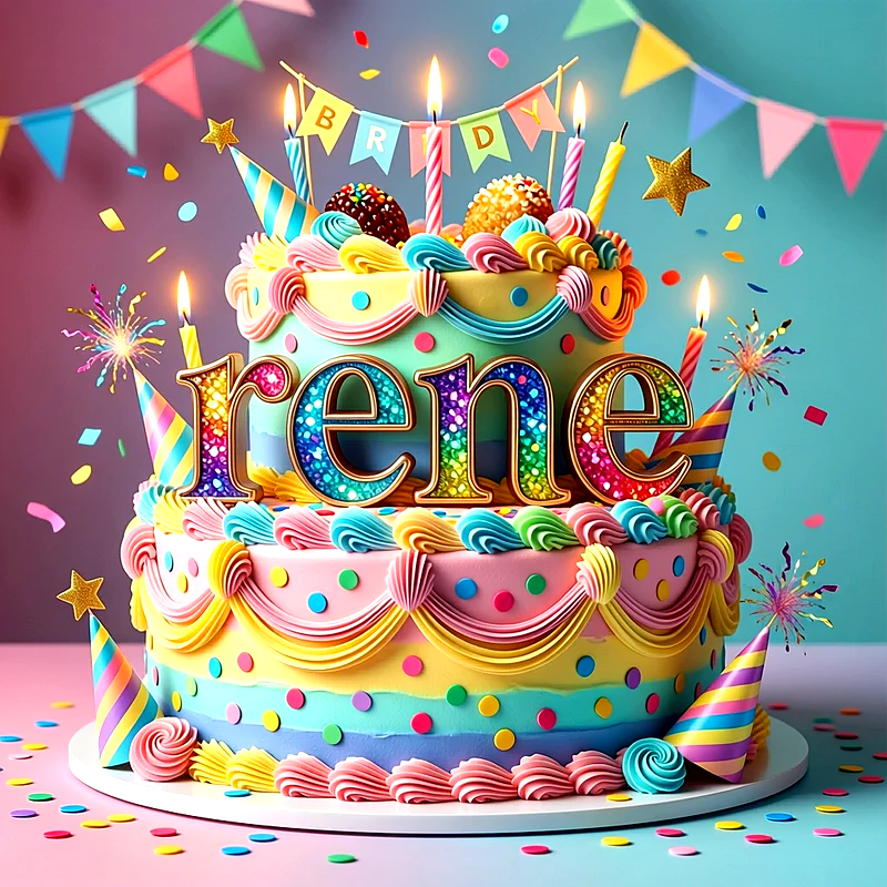 Tarta de cumpleaños de dos pisos con decoración colorida, confeti, velas encendidas y el nombre Rene escrito en letras grandes y brillantes en el centro de la imagen.