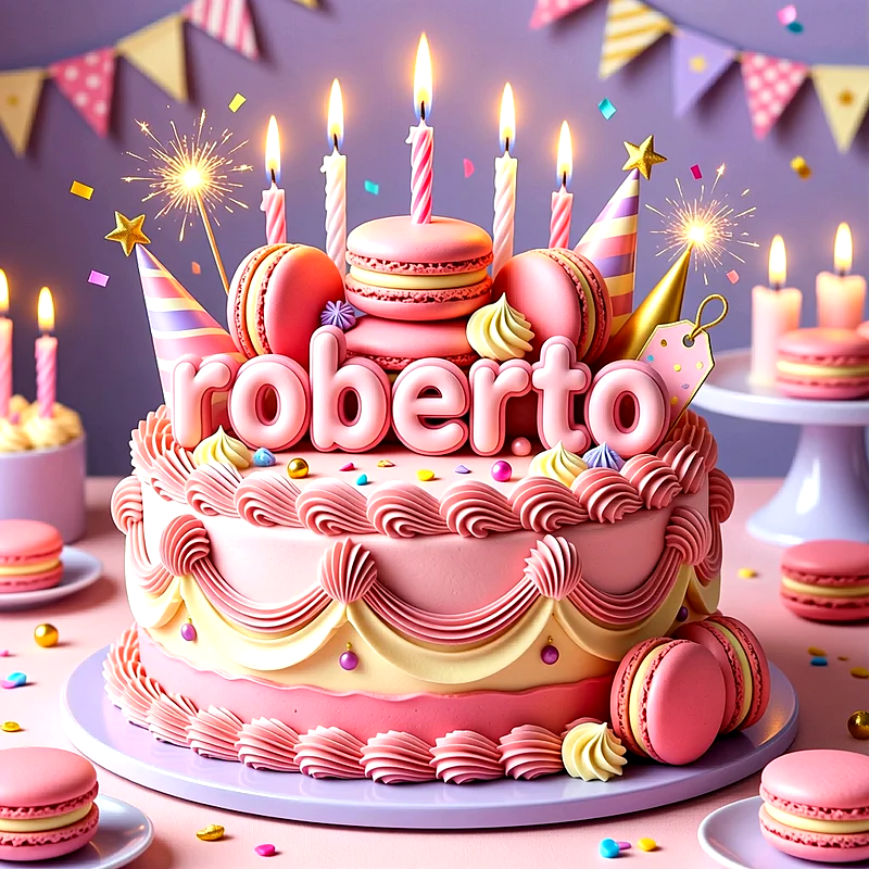 Tarta de cumpleaños de color rosa decorada con macarrons, velas encendidas y bengalas, con el nombre Roberto escrito en letras grandes y claras sobre la superficie principal.