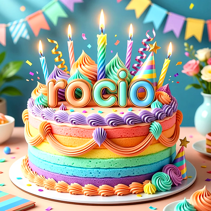 Tarta de cumpleaños infantil colorida de varios niveles con el nombre Rocio al frente, decorada con copetes de crema y velas encendidas.