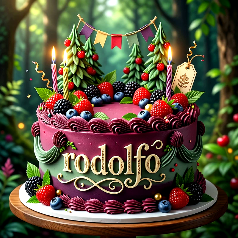 Tarta de cumpleaños decorada con fresas, moras y arándanos frescos, con velas encendidas, banderines y el nombre Rodolfo escrito en letras grandes doradas sobre un fondo de bosque.