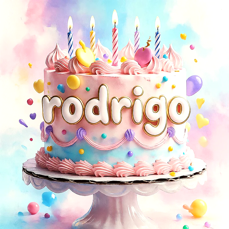 Tarta de cumpleaños decorada con colores pastel, velas encendidas en la parte superior, pequeños detalles decorativos y el nombre Rodrigo escrito claramente al frente en letras grandes.