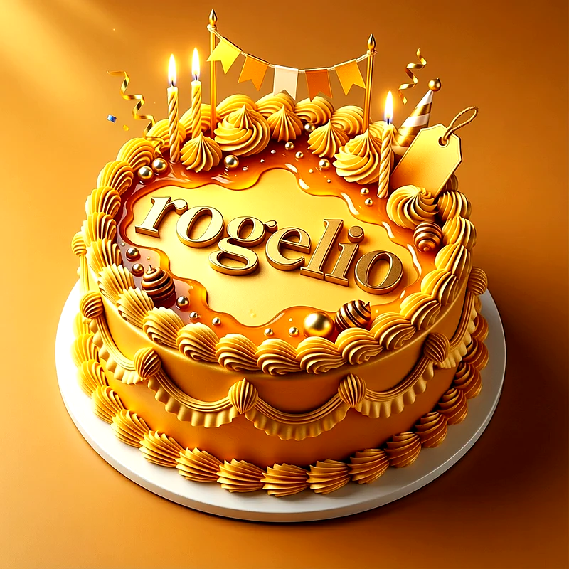 Tarta de cumpleaños de color dorado brillante decorada con velas encendidas, guirnaldas festivas y perlas comestibles, con el nombre Rogelio escrito en letras grandes y elegantes en el centro.