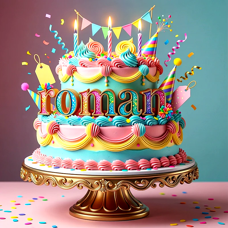 Tarta de cumpleaños infantil de dos pisos llena de colores, con velas encendidas, guirnaldas y el nombre Roman destacado en grande.