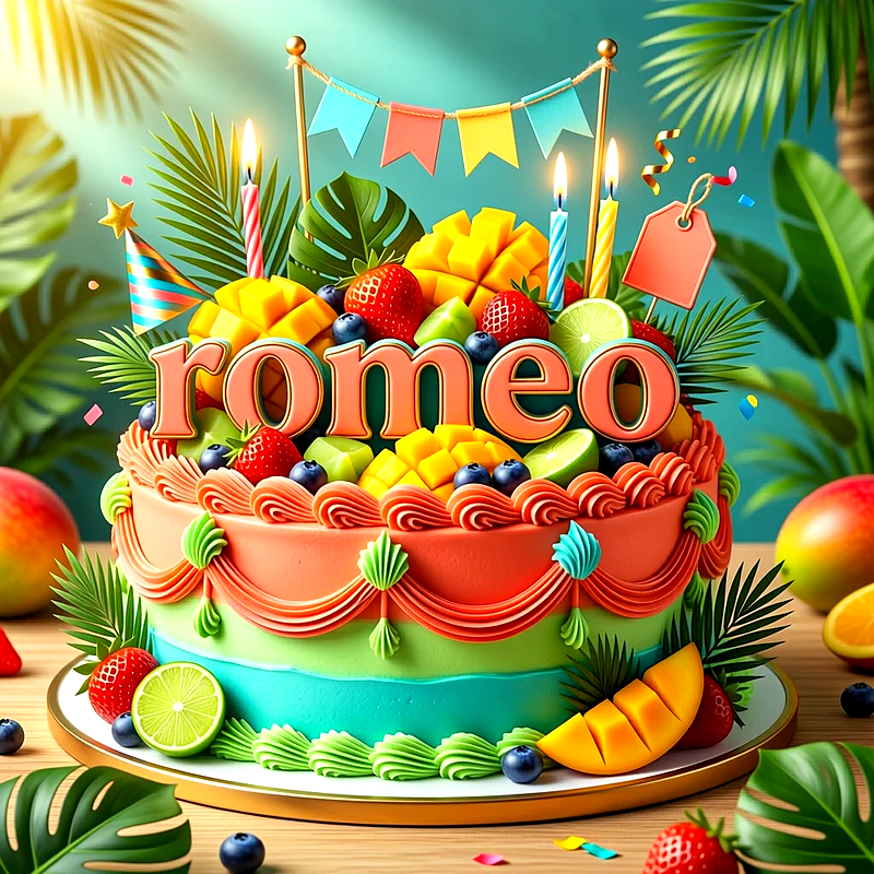 Tarta de cumpleaños colorida y tropical con frutas frescas, velas encendidas, banderines festivos y el nombre Romeo escrito en letras grandes sobre el pastel para celebrar.