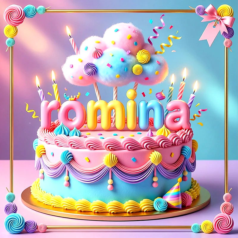 Tarta de cumpleaños infantil en tonos rosa y azul decorada con nubes, velas encendidas y el nombre Romina escrito en letras de colores.