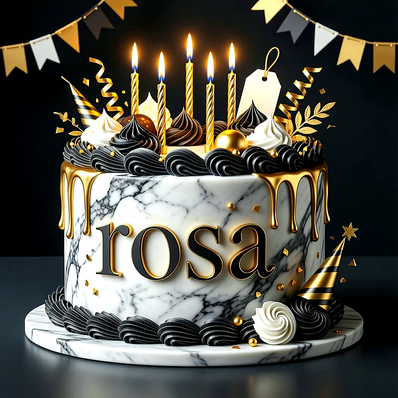 Tarta de cumpleaños con textura de mármol blanco, detalles en color negro y dorado, velas encendidas y el nombre Rosa escrito al frente.