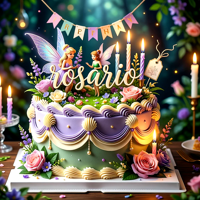 Tarta de cumpleaños decorada con flores rosas y lilas, figuras de hadas, velas encendidas y el nombre Rosario en la parte superior.