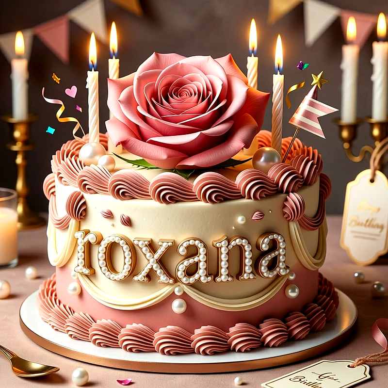 Tarta de cumpleaños rosa y blanca decorada con una gran rosa en la parte superior, velas encendidas, perlas y el nombre Roxana escrito al frente.